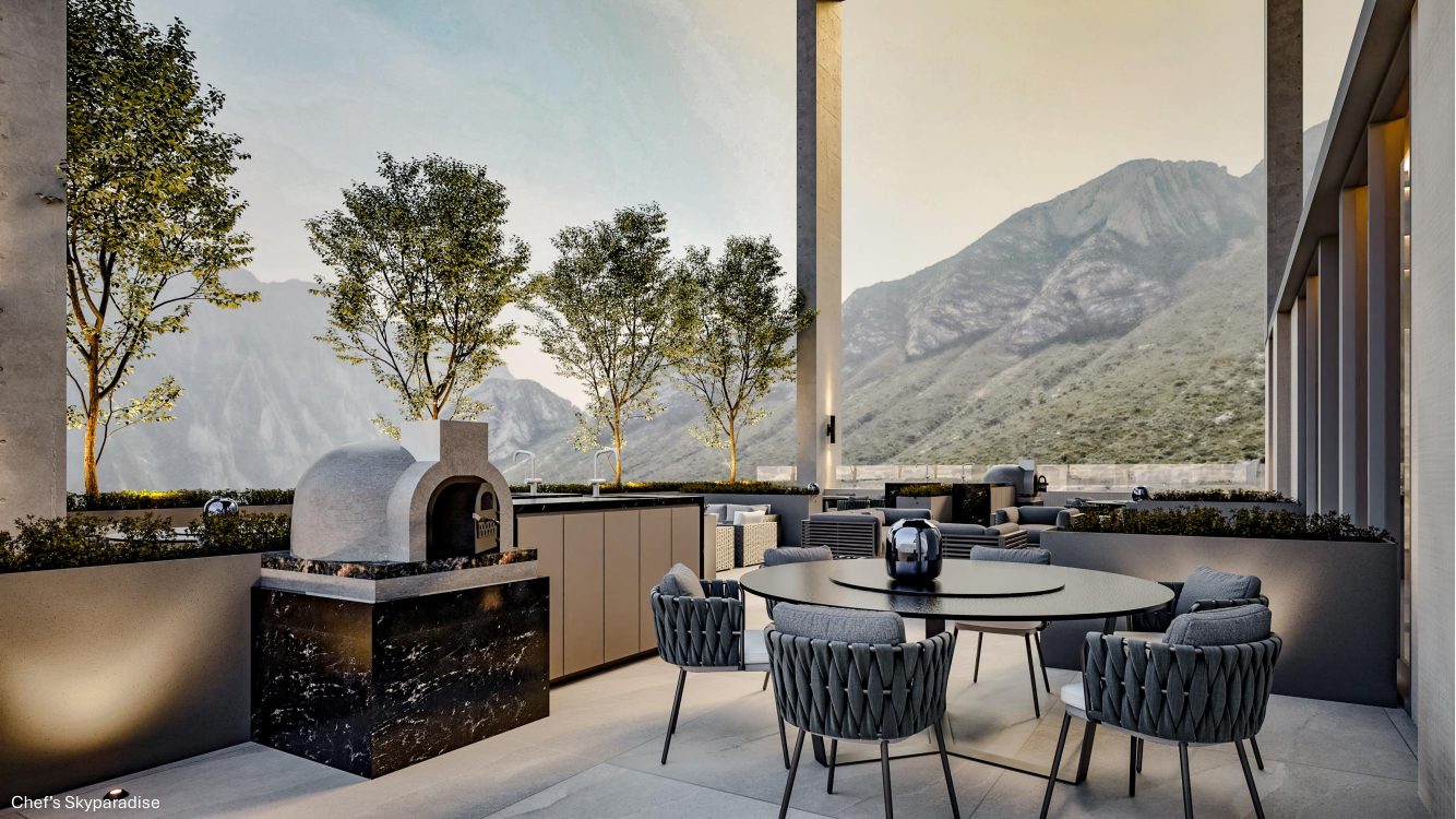 Terraza gourmet con asadores y horno, vista a La Huasteca