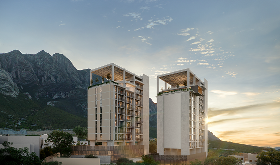 Render de Torre Verde y Torre Morada terminadas, al atardecer